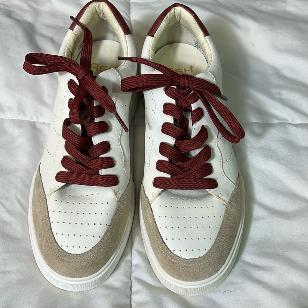 Womens size 11 Ash sneakers. White leather with beige suede and burgundy.